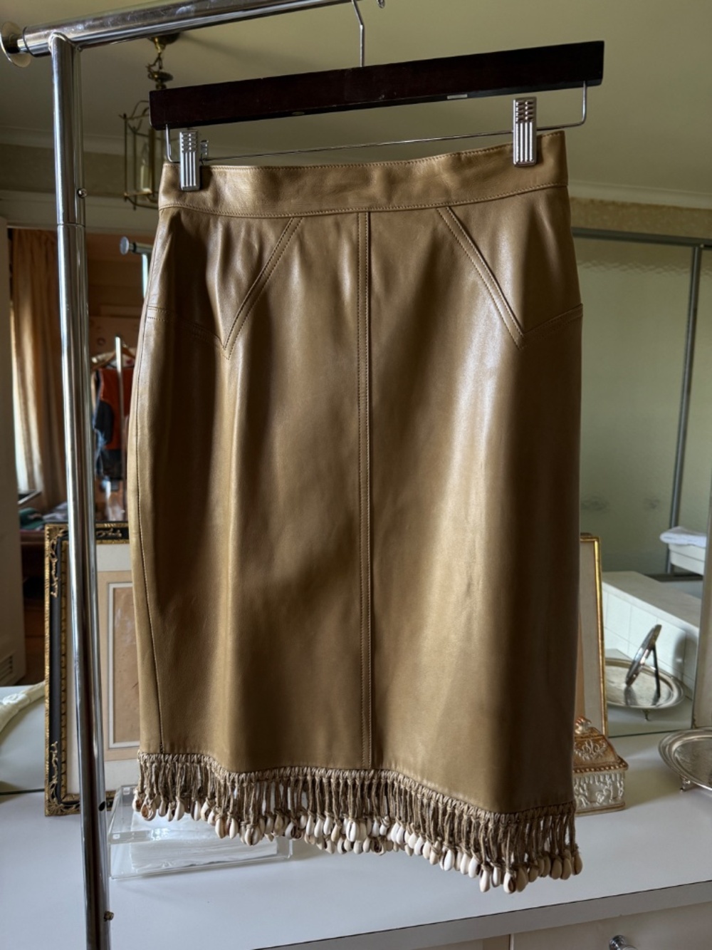 Azzedine Alaïa S/S 1990 100% Leather Cowrie Shell Fringe Midi Skirt